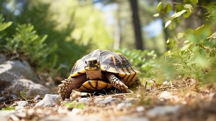 The Land turtle in its natural environment. A wild animal of Greece Hermanns tortoise. Generative AI