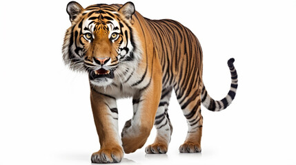 Tiger prowling, approaching and looking at the camera, isolated. Generative AI