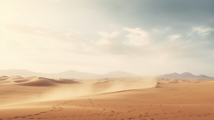Fototapeta na wymiar The wind raises the dust in Wadi Rum, Sahara or Arabian desert. Generative AI
