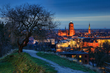 Fototapeta premium The Basilica and the Main Town Hall of the Gdansk city at dusk. Poland
