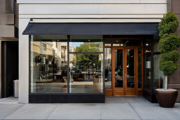 Modern urban retail space featuring large glass windows and a wooden door, with a clean architectural design on a city street.
