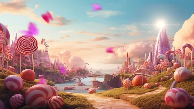 Candy Land landscape with pink butterflies 4k loop animation video. Candy planet