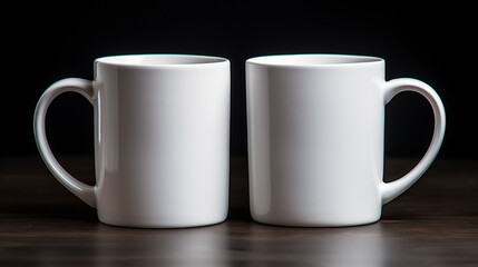 photo two white mugs on black background