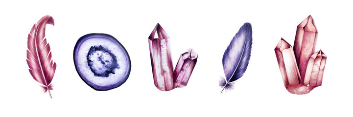 Hand drawn gemstone Agate, diamond and amethyst slice crystal and feather marker illustrations in...