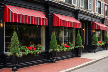 Traditional restaurant facade adorned with red-striped awnings and vibrant flower planters on a classic urban street - obrazy, fototapety, plakaty