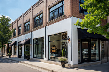 Modern corner retail space with large glass windows and stylish awnings, complemented by potted plants in an urban setting.