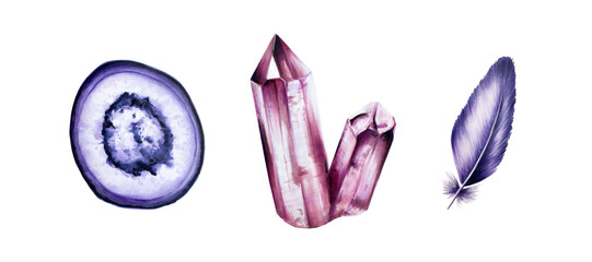 Hand drawn gemstone Agate, diamond and amethyst slice crystal and feather marker illustrations in...