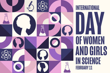 International Day of Women and Girls in Science. February 11. Holiday concept. Template for background, banner, card, poster with text inscription. Vector EPS10 illustration.