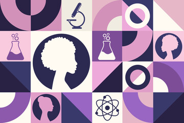 International Day of Women and Girls in Science. February 11. Seamless geometric pattern. Template for background, banner, card, poster. Vector EPS10 illustration.