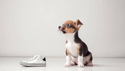 small dog puppy sitting on the floor next to a white trainers, light background, copy space