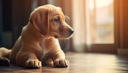 small Labrador puppy lies on the floor in the house, he looks to the side, warm sunlight shines in through the window, copy space