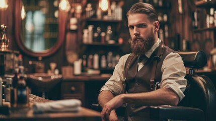 Handsome man in vintage barber shop - Powered by Adobe