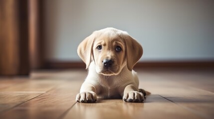 small Labrador puppy lying on the floor in the house, looking into the camera, warm sunlight from the side