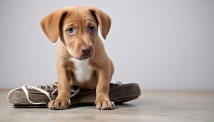 small brown dog puppy lying on a worn out shoe, bright background