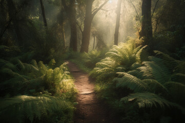 Fototapeta premium Lofi Wilderness Bliss with Tranquil Trails, Radiant Views, and Blissful Landscapes for a Serene Escape beneath Gentle Gaia's Melodic Canopy