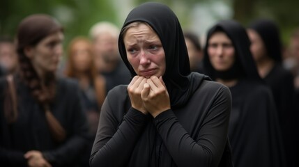 woman dressed in black crying at funeral, bokeh background