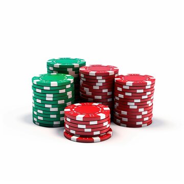 Green and red casino chips isolated on white background