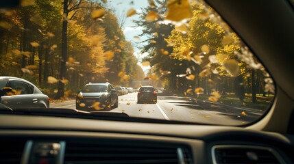 Autumn traffic jams on the road seen through the car windshield