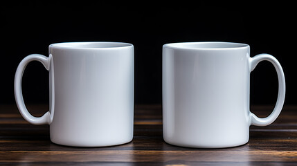 photo two white mugs on black background