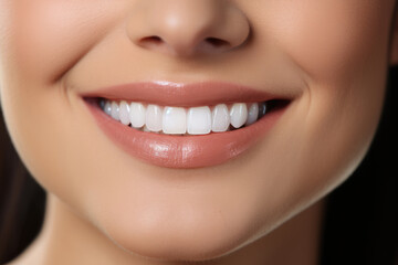 female smile with healthy white teeth close-up, health concept