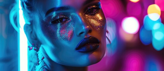 Model with metallic silver lips in neon blue and purple lights, posing in studio with trendy glowing makeup and vivid neon glitter.