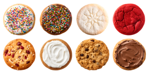 Collection of round cookie cookies biscuit, sprinkle and icing set, on transparent background cutout. PNG file. Many assorted different flavour. Mockup template for artwork design