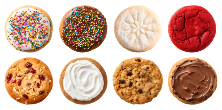 Collection of round cookie cookies biscuit, sprinkle and icing set, on transparent background cutout. PNG file. Many assorted different flavour. Mockup template for artwork design