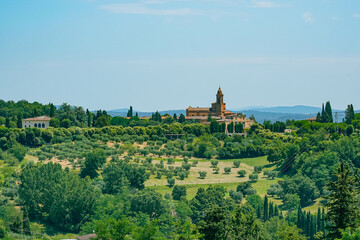 Fototapeta na wymiar landscape of region country with church, Tuscany, Siena, Italy