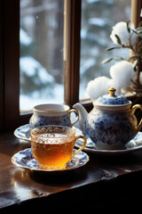 cups of tea on the windowsill against the backdrop of the winter landscape outside the window