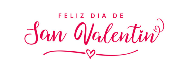 Feliz Dia de San Valentin elegant pink calligraphy. Happy Valentines Day text in spanish with heart divider. Hand drawn lettering. Valentine's Day vector typography  - obrazy, fototapety, plakaty