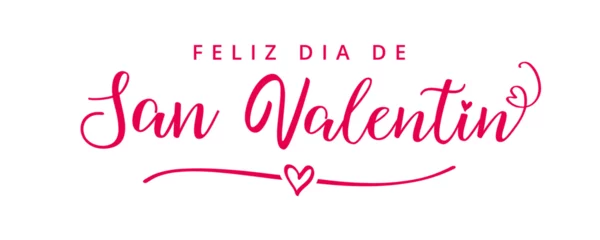 Foto op Canvas Feliz Dia de San Valentin elegant pink calligraphy. Happy Valentines Day text in spanish with heart divider. Hand drawn lettering. Valentine's Day vector typography  © koltukovs
