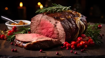 Foto op Plexiglas Christmas prime rib beef fillet roasted closeup, Xmas menu on table © Ziyan Yang