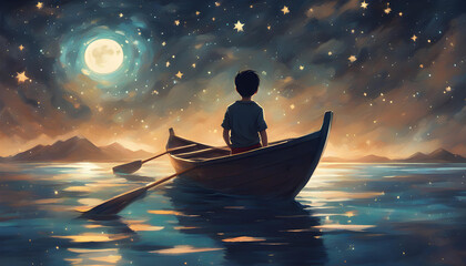 silhouette of a child in a boat with stars and moon - Powered by Adobe