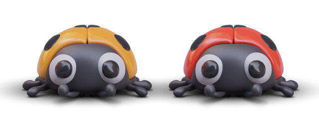 Fototapeta premium Front view on beautiful cartoon models of ladybirds standing on white background. Beneficial insects. Cartoon ladybugs in different colors. Vector illustration in 3d style