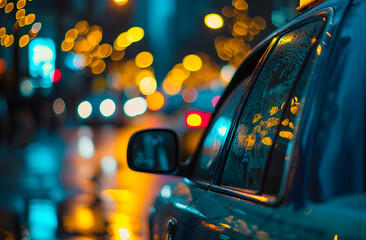 Gleaming City Nights: Close-Up of Raindrops on Taxi