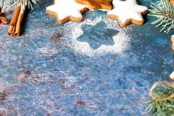 Traditional Christmas glazed gingerbread cookies in the shape of a star. Cookies for the holiday....