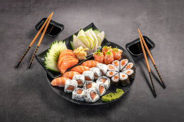 Japanese Food on grey background.