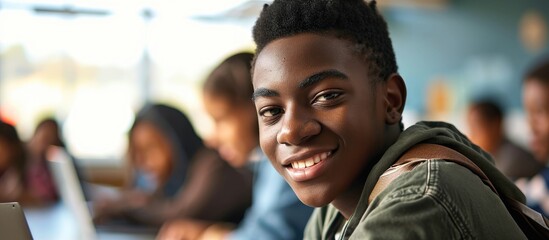 Smiling Black teenager in computer class with laptop, looking at camera. - obrazy, fototapety, plakaty