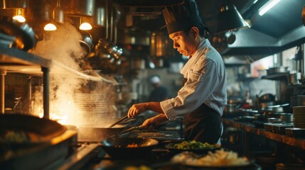 Asian chef is busy preparing food in restaurant kitchen. Chef's dedication, skill and passion for...