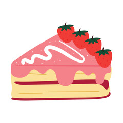 hand drawing cartoon cute cake slice with strawberry and toppings. cute dessert doodle