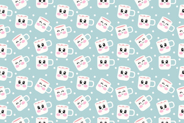Obraz premium Cute seamless pattern with vector kawaii flat cups or ceramic mugs on light blue background