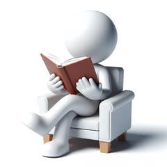 White 3D figure sitting on sofa reading a book. Rest time. AI generated