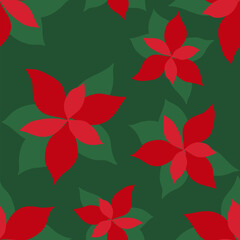 Christmas holiday traditional decoration. Poinsettia green red flower. Hand drawn pattern vector illustration. Surface design home fabric stationery gift party