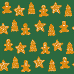 Christmas holiday traditional decoration. Gingerbread cookie biscuit pastry treat green yellow. Hand drawn pattern vector illustration. Surface design home fabric stationery gift party