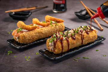 Fried Sushi Roll Brazilian style. Sushi dog.