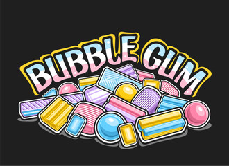 Vector logo for Bubble Gum, decorative horizontal poster with cartoon design vibrant bubblegums, bright heap of group many different bubblegums and menthol candies, text bubble gum on dark background