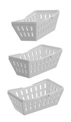 Set of white basket isolated on transparent background, PNG, 3d render shopping basket, plastic basket