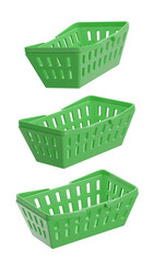 Set of green basket isolated on transparent background, PNG, 3d render shopping basket, plastic basket