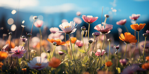 Cosmos flower blossom meadow, garden. Summer flower banner, background, wallpaper. Springtime nature theme.