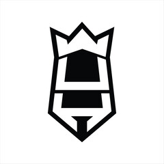 UH Letter Logo monogram hexagon shield shape up and down with crown isolated style design